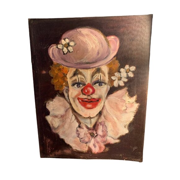 Vintage Oil On Canvas Clown Painting Artist Signed Raines? Original 14"x18" - Picture 2 of 11